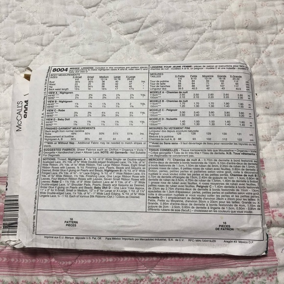 Alicyn by McCalls lingerie pattern - 8004- exlarge 20-22 lace Nightgown Pattern - Picture 7 of 7